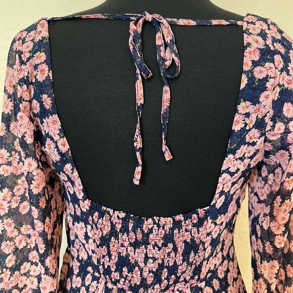 Lush Ditsy Floral Print Tie Front Puff Long Sleeve Minidress Blue Pink NEW Sz M - Picture 9 of 15